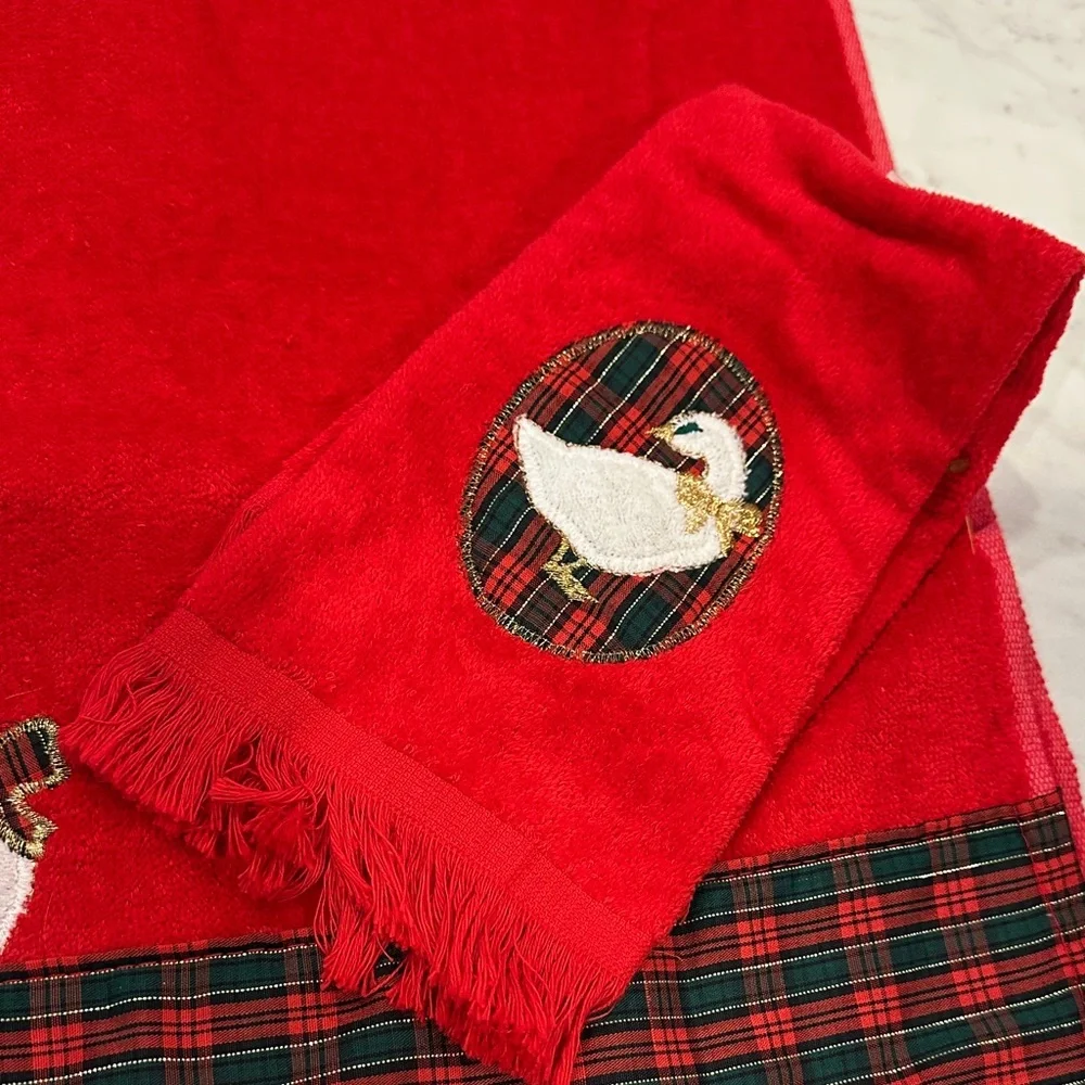 Festive Red Holiday Towel Set with Goose Design